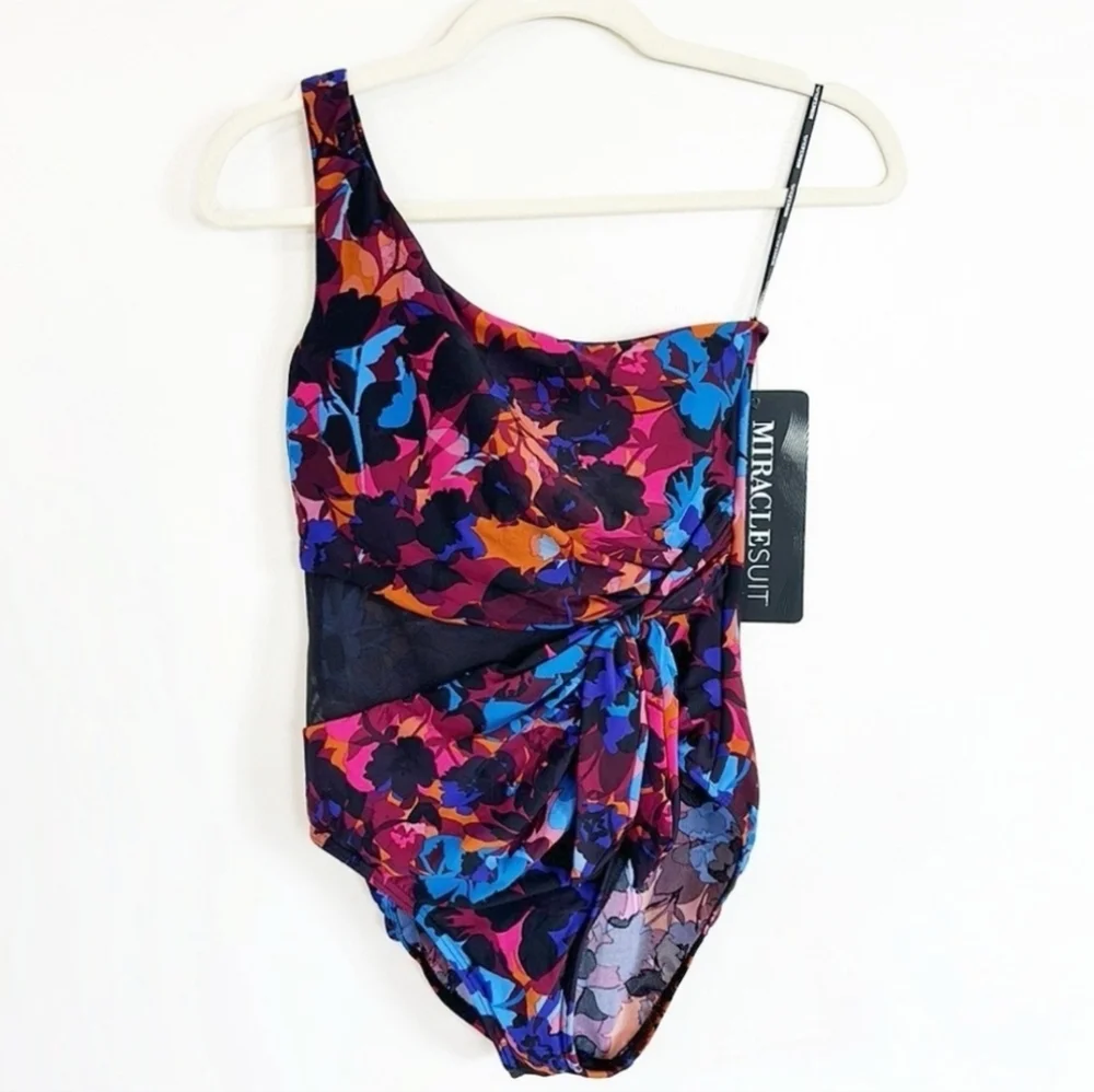 MIRACLESUIT Soltice Gem Abstract Floral One-Shoulder Floral Swimsuit NWT 10